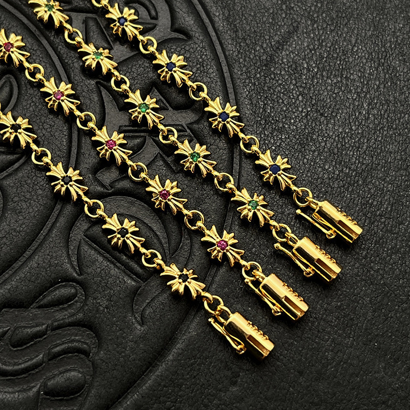 Factory Wholesale Trendy Brand Diamond-Encrusted Cross Flower Bracelet, Vintage Distressed Style, Unisex Couple Jewelry, Thin Bracelet