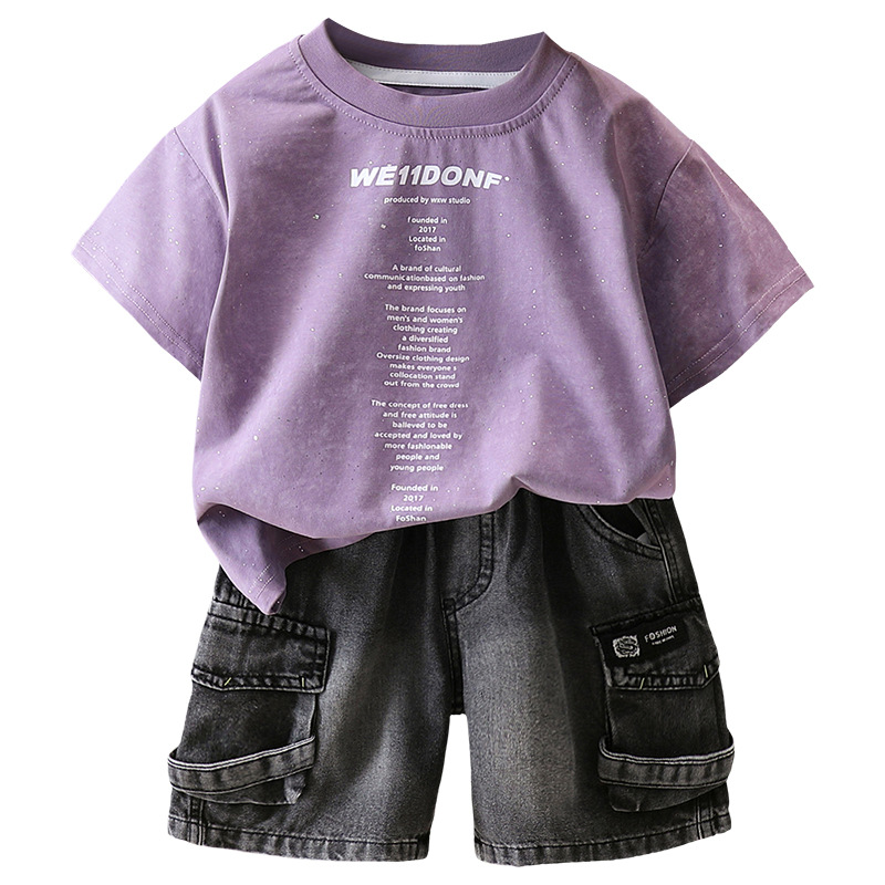 7132 Traje de manga corta de verano para niños, chico guapo, ropa de moda coreana, camiseta de dos piezas de verano con letras