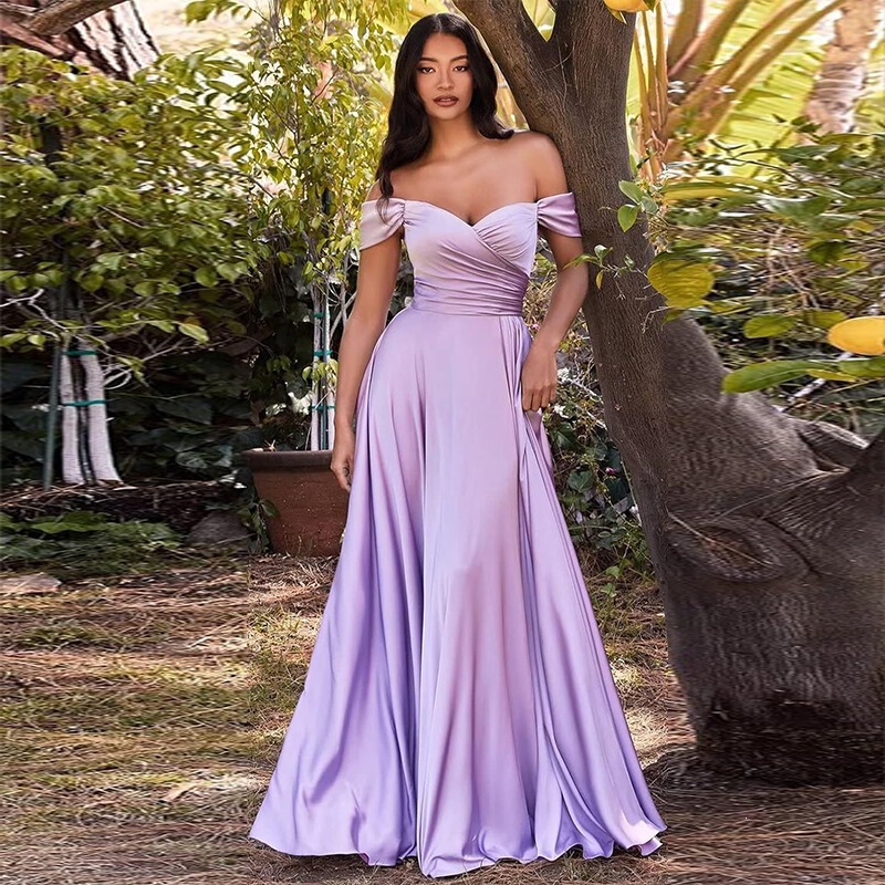 Off-shoulder evening dress with pleats, A-line formal ball gown with slit, satin European and American style bridesmaid dress Off-shoulder evening dress with pleats, A-line formal ball gown with slit, satin European and American style bridesmaid dress