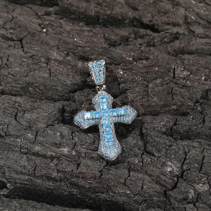 Hip Hop Full Diamond Zircon Cross Necklace Does Not Fade Trendy Blue Pendant High Street Men And Women Accessories Clavicle Chain_voghion.com
