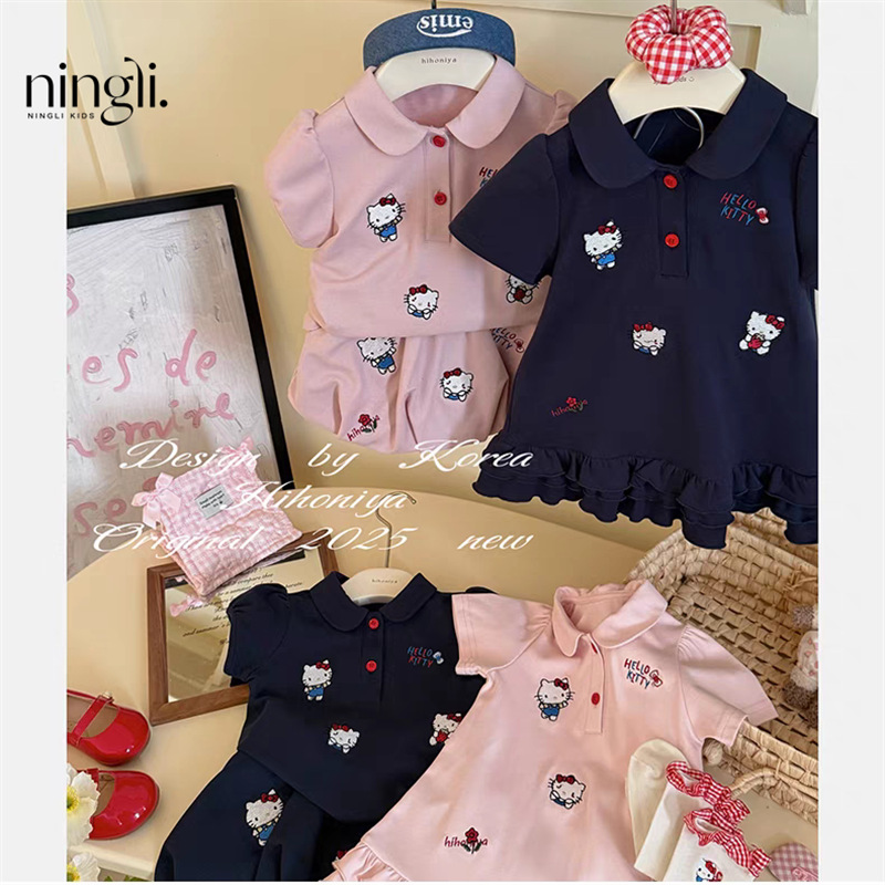 Lime summer girls Korean style cat embroidery dress baby girl college style doll collar short sleeve skirt