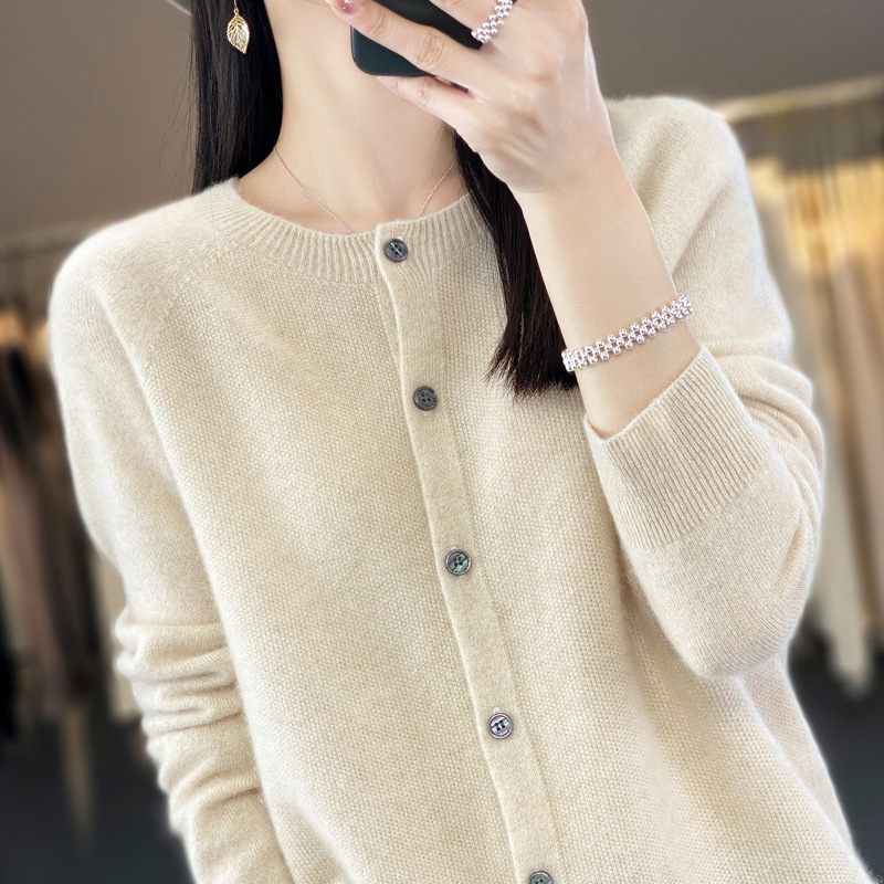 秋装新商品100% 純ウールカーディガン女性セーターコート一線成衣ゆるい長袖ニット上着薄い|undefined