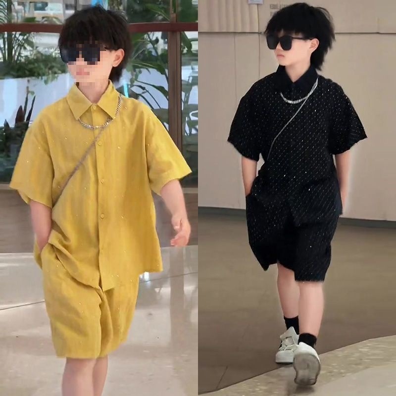 Boys' Summer 2025 New Style Rhinestone Shirt Short-Sleeve Fashionable Cool Street Style Outfit