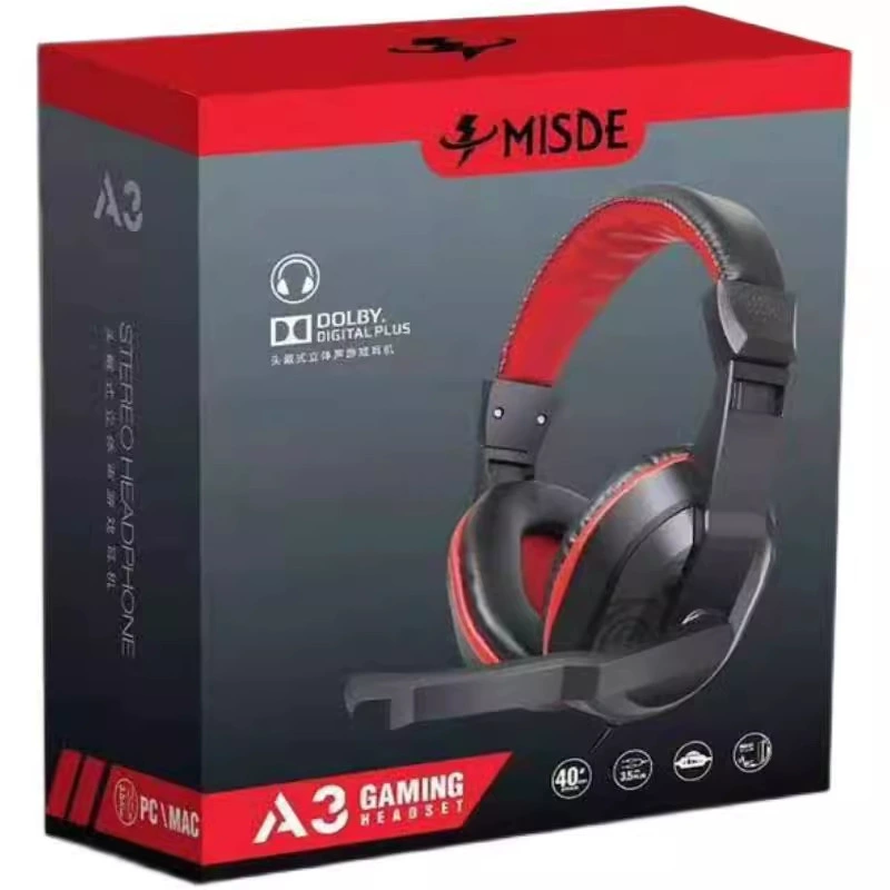 Wired over‑ear headset (Mercede A3), heavy bass, adjustable mic, single or dual 3.5 mm plugs