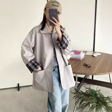 翻领工装风衣外套女2025秋装新款格子拼接时尚百搭休闲宽松上衣潮