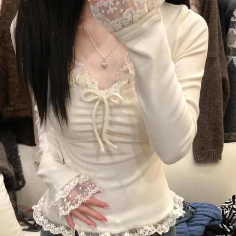 French Bow Lace V-neck Base Shirt Women's Autumn and Winter Design Sense Niche Pure Bm Style Slim-fit Inner Top