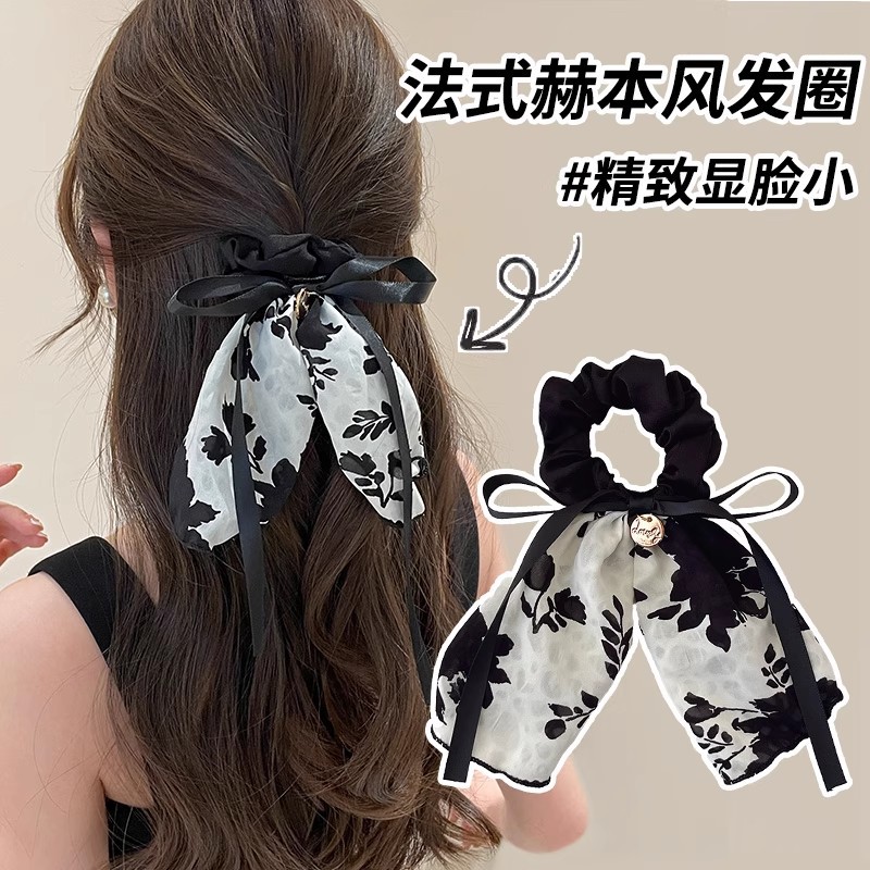 Retro francés negro flor triturada arco intestino grueso anillo de cabello de cola de caballo baja cuerda de cabello para mujeres 2025 nuevo flotante flores de cabeza