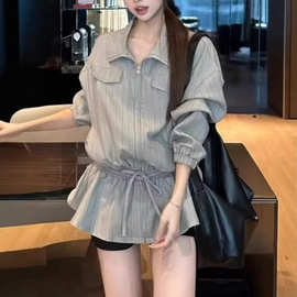 复古条纹立领长袖开衫外套女春季美式宽松中长款夹克休闲气质上衣