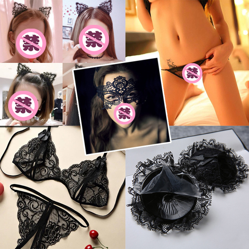 Lace Headgear Lingerie Set with Breast Stickers, Silk Stockings and Blindfold — detail image 2