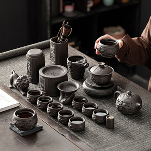 Purple Sand Tea Set Teapot Cover Bowl Tea Cup Ceramic Household Living Room Kung Fu Light Luxury Gift Set Set of Fixed Logo