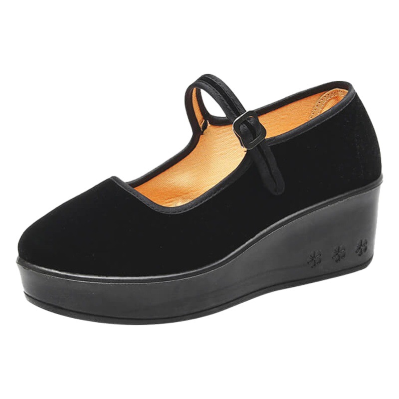 New Polyurethane Platform Sole Pure Black Etiquette Dancing Hotel Work Shoes for Women 6cm Thick Sole Black Cloth Shoes