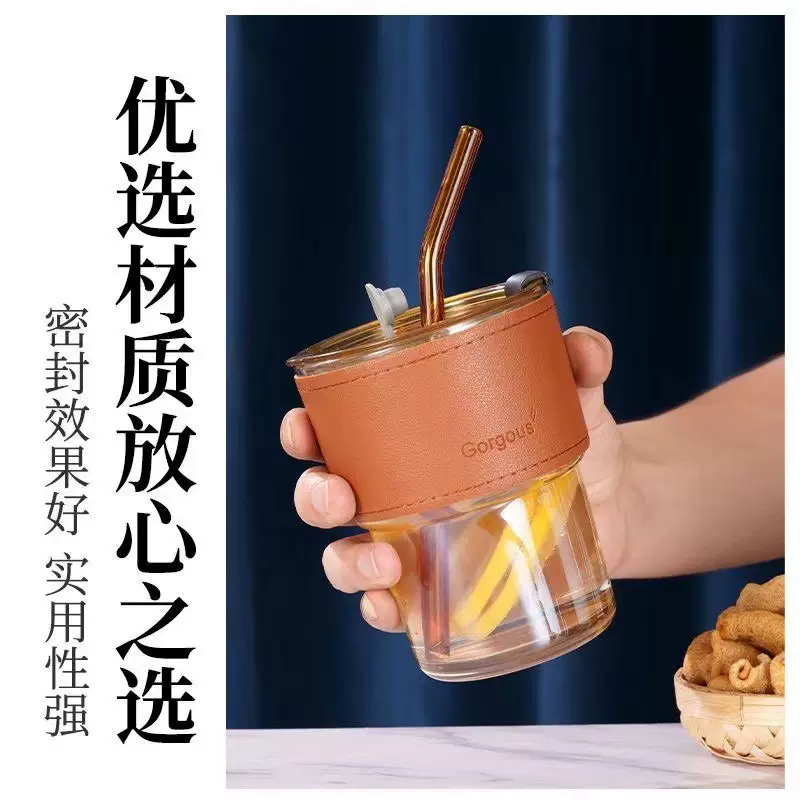 批发玻璃水杯办公室竹节杯 ins网红带吸管玻璃杯便携带盖咖啡杯