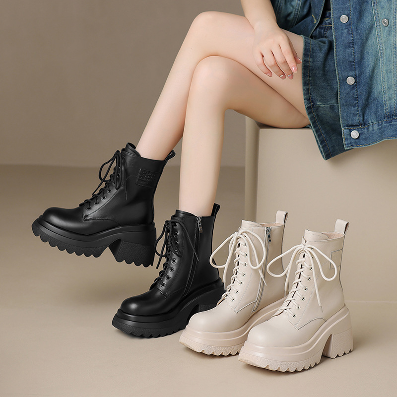 Boot nữ da thật mùa thu đông 2025, dây buộc, đế dày tăng chiều cao, gót vuông thô — Lớp lót đơn màu be, Lớp lót nhung đen, Lớp lót nhung màu be, Lớp lót đơn màu đen