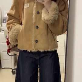 复古加绒加厚麂皮棉衣外套女冬季新款小个子翻领保暖短款上衣