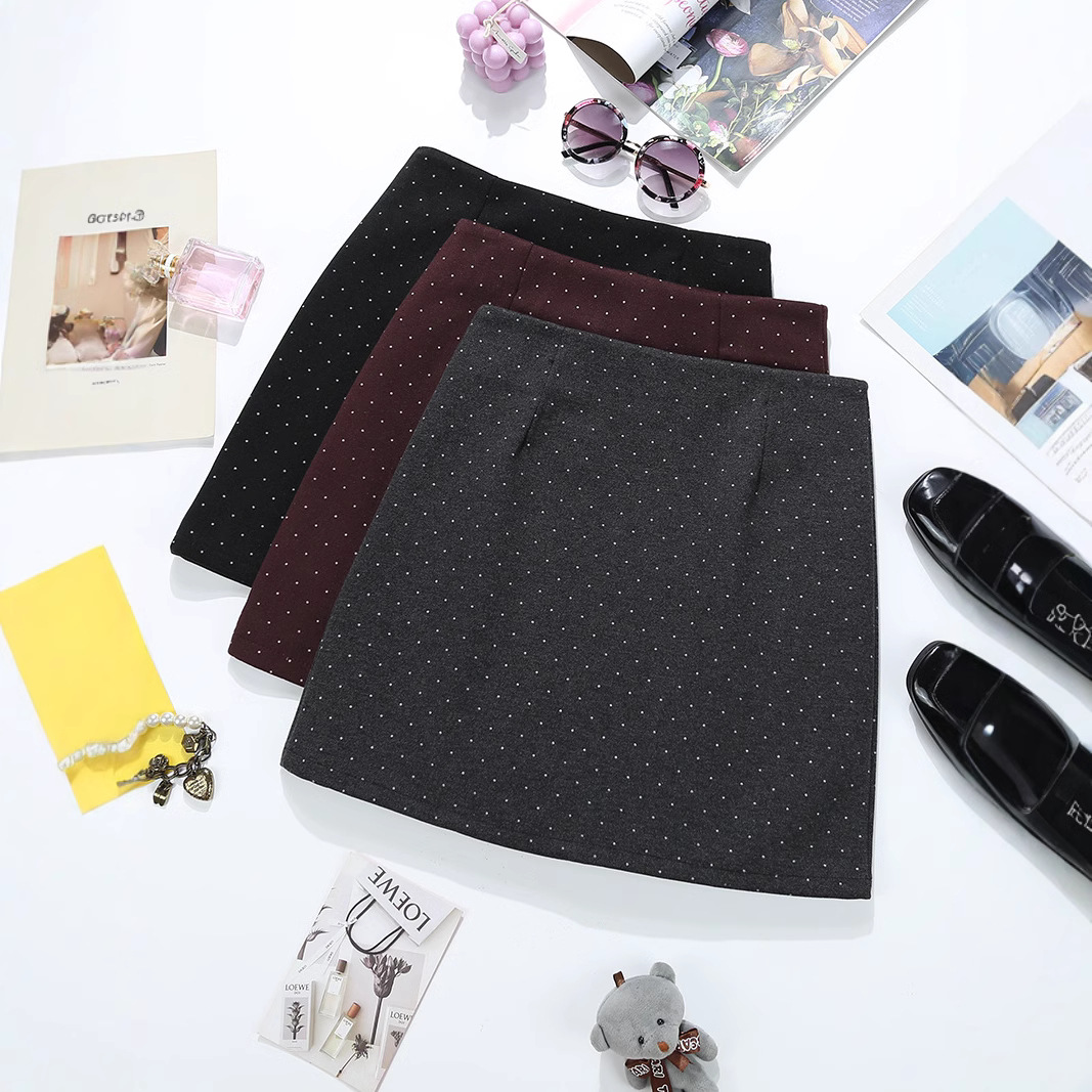 实拍波点毛呢半身裙 2025韩版新款高腰a字简约百搭防走光短裙9220