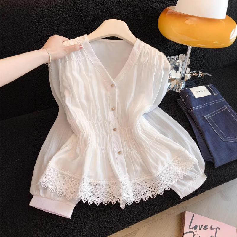 Real Shot of 2026 French-Style Chic and Beautiful White V-Neck Puff Sleeve Blouse for Women, Spring Waist-Cinching Long-Sleeve Shirt Top