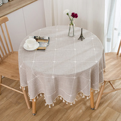 Japanese-style imitation cotton and linen coffee embroidered checkered tablecloth, literary round coffee table tea table cloth, rectangular tablecloth, round