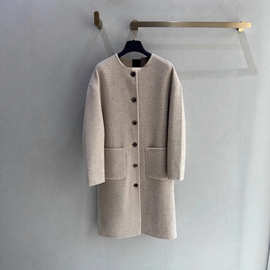 2025秋冬新品手绣包边双面羊毛呢圆领长款大衣外套