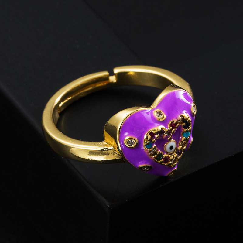 Vintage Copper Micro-inlaid Zircon Color Oil Dripping Devil's Eye Heart Ring display picture 3