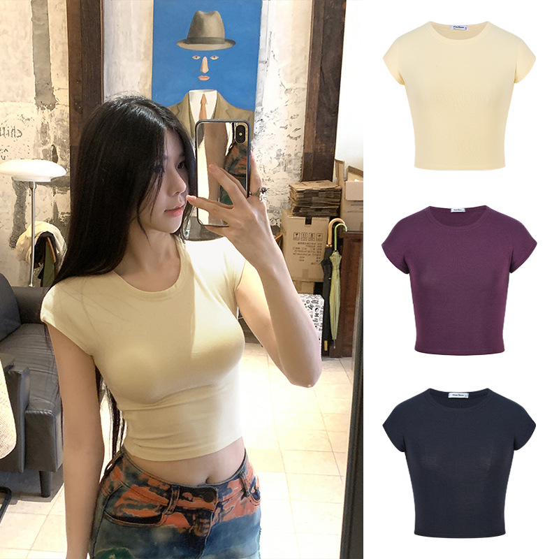 Moxi Queen 여름 몸매 보여주는 반팔 티셔츠 여성 라운드 넥 심플 바닥 솔리드 컬러 쇼트 탑 62169