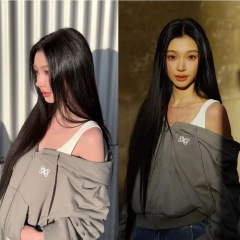 明星同款2025秋冬新款logo刺绣做旧假两件露肩开衫连帽卫衣外套女