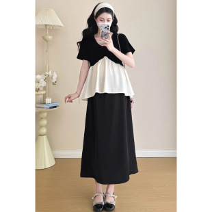 Pregnant women's summer Korean fashion loose belly-covering short-sleeved jacket casual outerwear belly-supporting skirt hot mom set