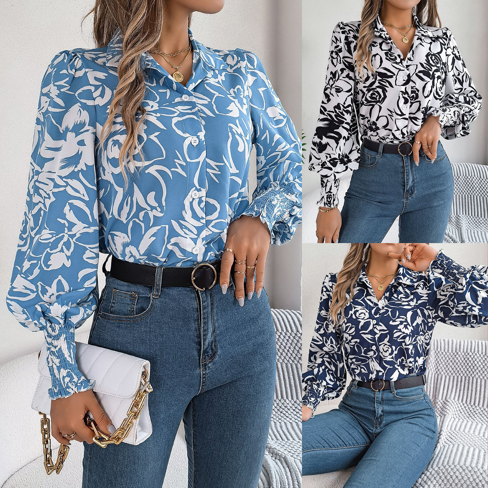 Real Shot of 2026 Spring/Summer Elegant Color-Block Floral Lantern Sleeve Turn-Down Collar Shirt Amazon Cross-Border Women's Clothing