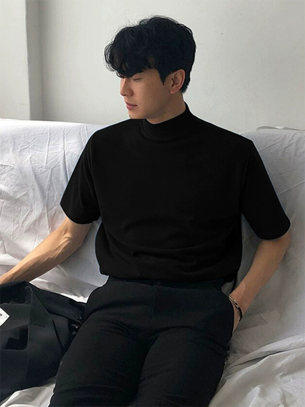 한국 스타일 트렌디 브랜드 하프 하이 칼라 티셔츠 남성용 반팔 단색 트렌디 라이트 성숙한 느슨한 미들 칼라 탑 여름 스트레치 칼라 티셔츠