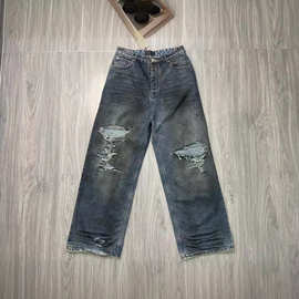 天花板版本BL家新款糜烂泥染做旧大破坏刀割牛仔裤宽松版男女同款