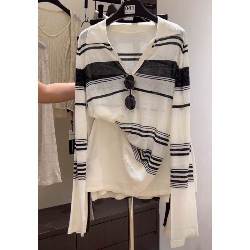 8119 # Striped Polo Collar Thin Knit Pullover T-Shirt for Women + Shorts Hot Pants Half-Skirt Set for Women