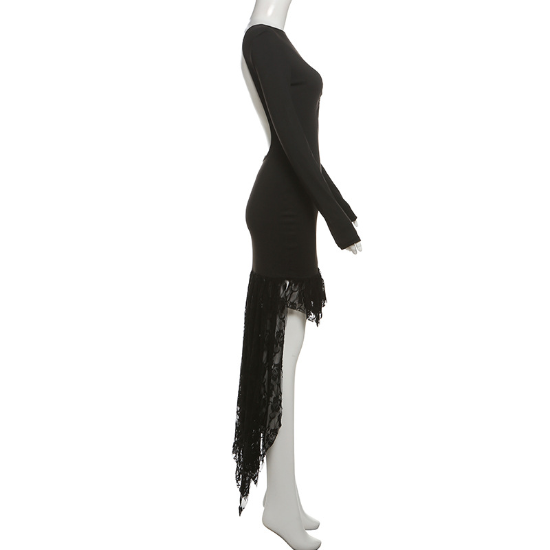 Winter Women Clothing Trendy Long Sleeve Irregular Asymmetric Lace Stitching Sexy Backless