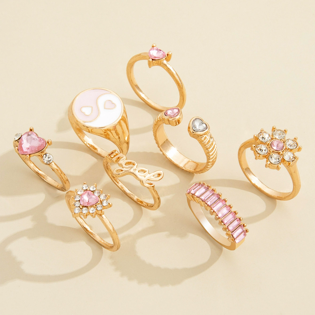 Комплект колец Pink Yinyang Floral — европейский стиль, сплав, с бриллиантами, 8 предметов