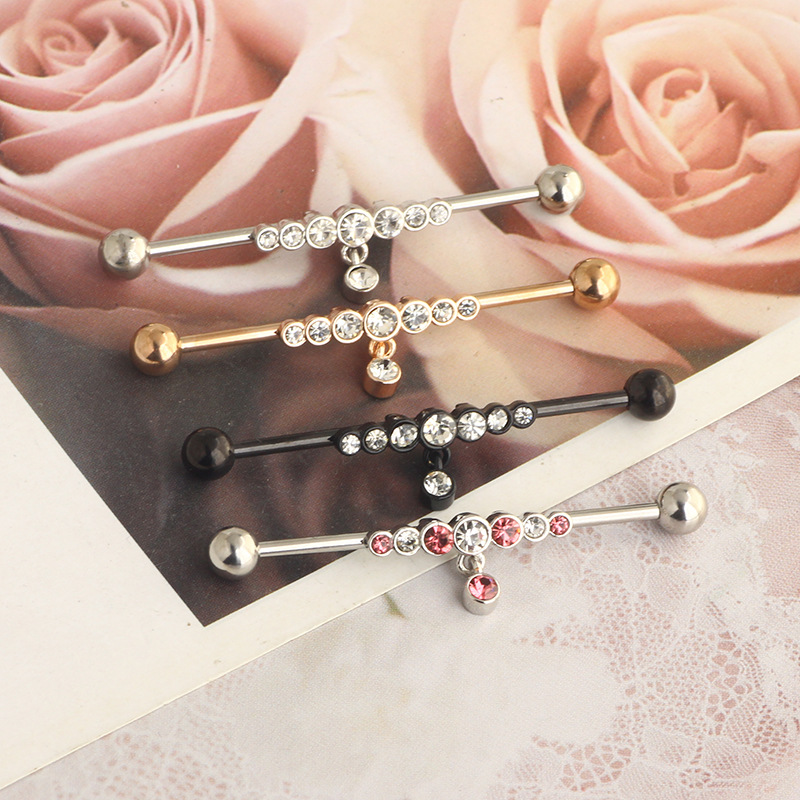 14G Industrial Barbell Earring Star Piercing Jewelry Rose Gold White Crystal detail image 7