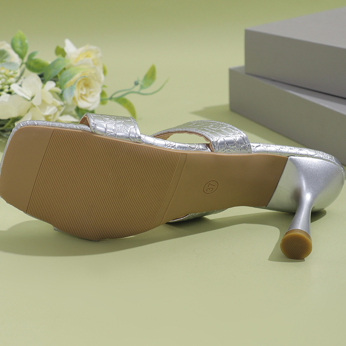 Square head solid color high heel slippers women African fashion one line sandals women Women Heels Slippers_autovado.com