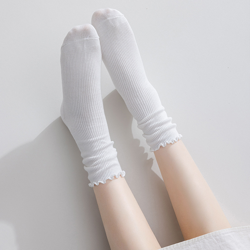 Damen Crew Socken Mit Wellensaum Für Herbst Und Winter Einfarbig_voghion.com