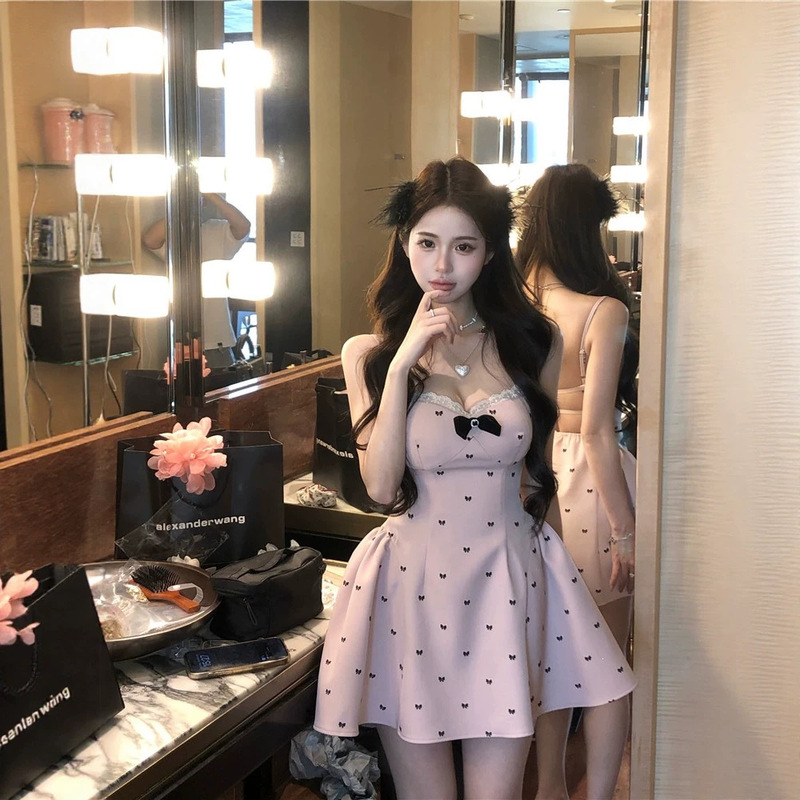 Bowknot Lace Print Camisole Dress for Women, Summer Pure Desire Waist-Cinching Short Dress, No Padding, Slim Fit, Fluffy Skirt Bowknot Lace Print Camisole Dress for Women, Summer Pure Desire Waist-Cinching Short Dress, No Padding, Slim Fit, Fluffy Skirt