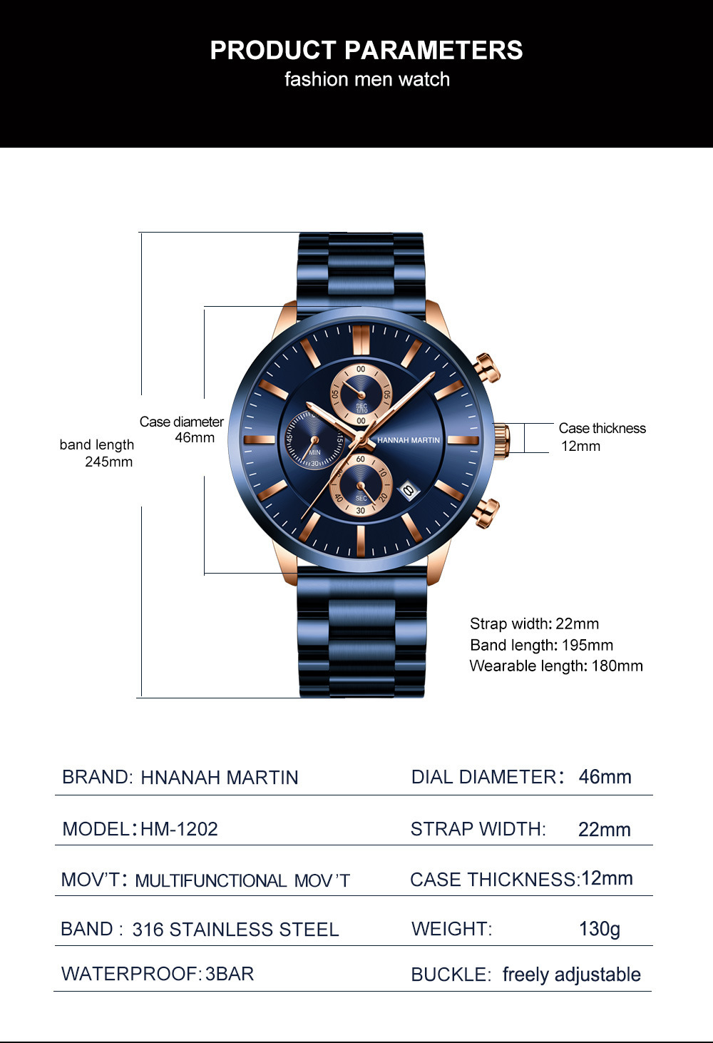 Herrklocka quartz kronograf med stålarmband och kalender_voghion.com