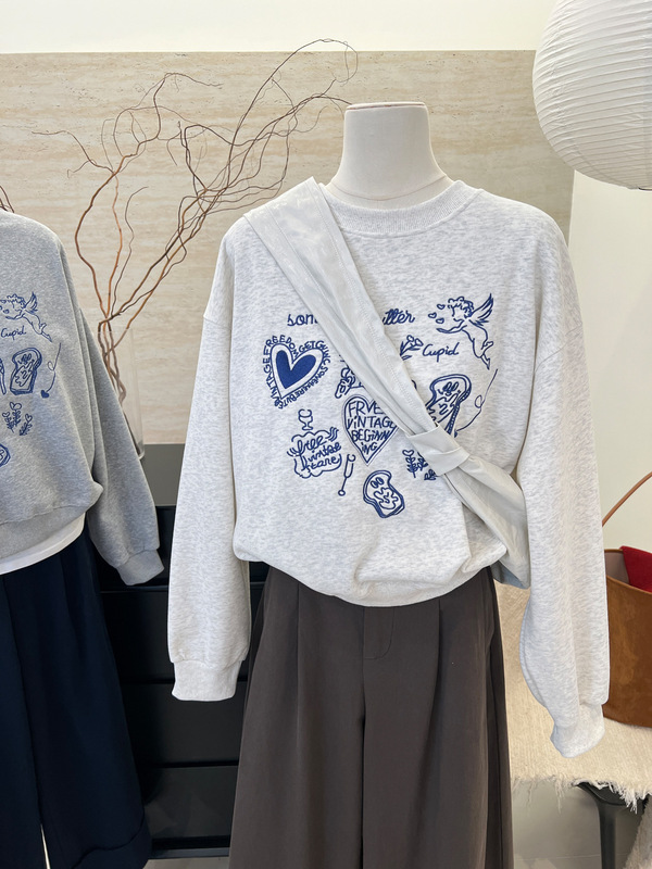 重工涂鸦爱心刺绣早秋新款复古宽松休闲感圆领卫衣外套女上衣|undefined
