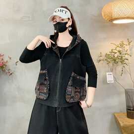 一件代发复古印花连帽牛仔新款马甲宽松显瘦休闲开衫坎肩上衣外套