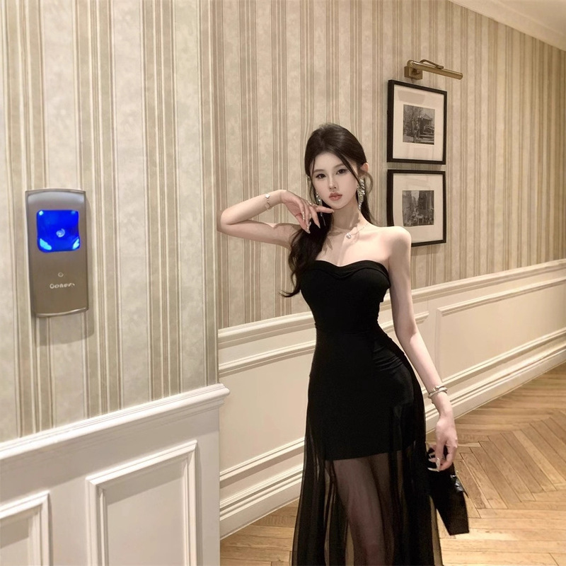 French Korean Style Summer New Tube Top Mesh Splicing Slim Dress Pure Desire Backless High-End A-Line Long Skirt