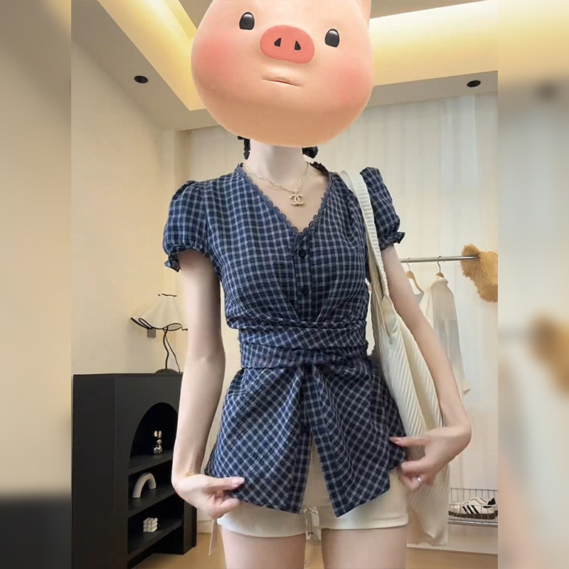 微胖巨瘦大码胖mm蕾丝边格子短袖衬衫女夏季不规则设计感绑带上衣|undefined
