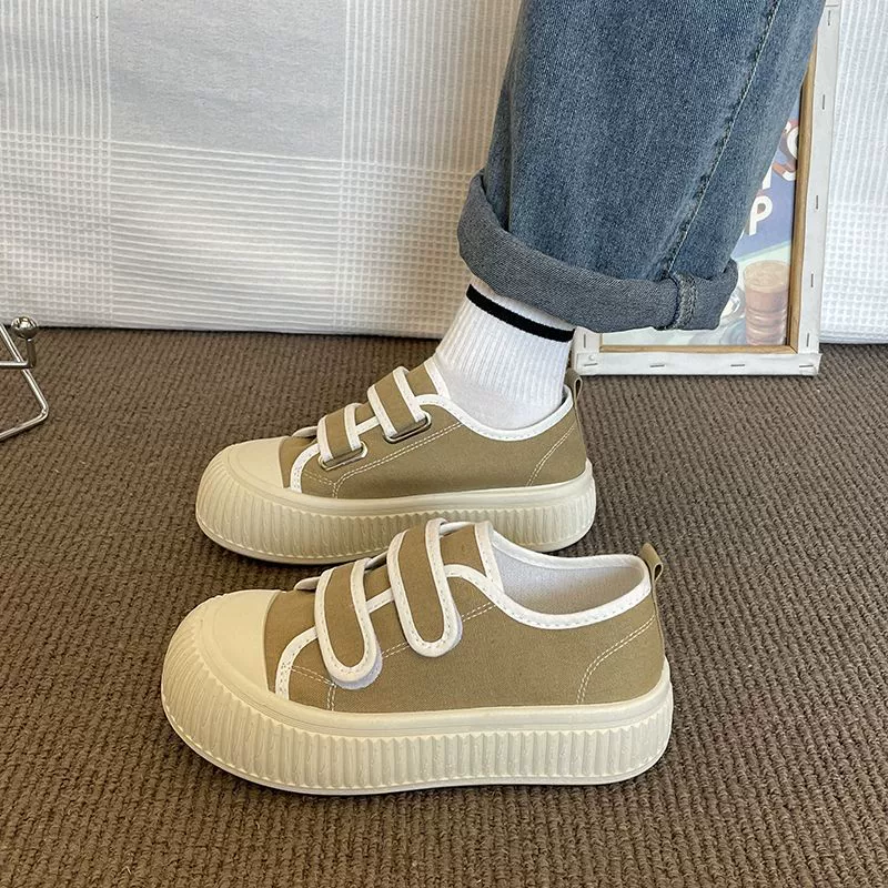 Парусиновые Туфли с круглым носком и каблуком на липучке, женские бисквитные туфли на толстой подошве с кексами, 2023, Весенние Новые повседневные хлебные туфли для женщин