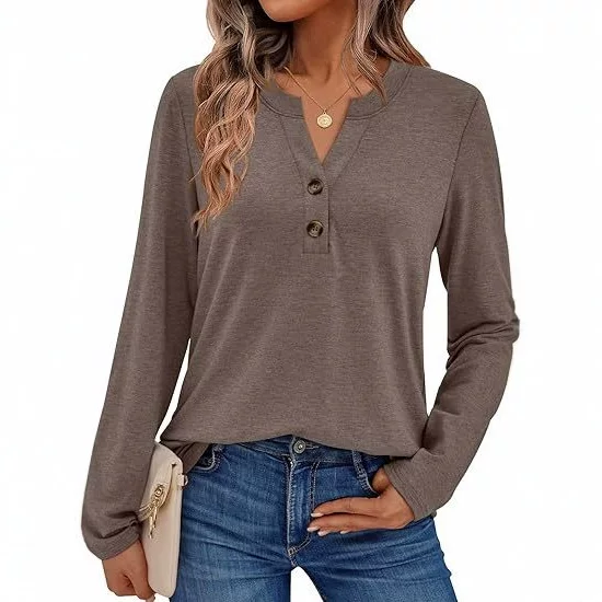 Spot Delivery 2025 Amazon Autumn New Women's European and American Cross-Border Long-Sleeved V Neck Button Casual Fashion T-Shirt