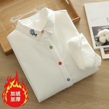 2025冬季新款 加绒加厚刺绣白色保暖女士长袖衬衫衬衣 批发潮