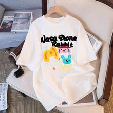 白色夏季宽松短袖t恤女2025新款纯棉卡通设计感欧货大码半袖上衣