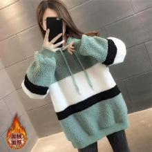 加厚羊羔毛卫衣女拼色中长款2024新款韩版外套女潮ins秋冬