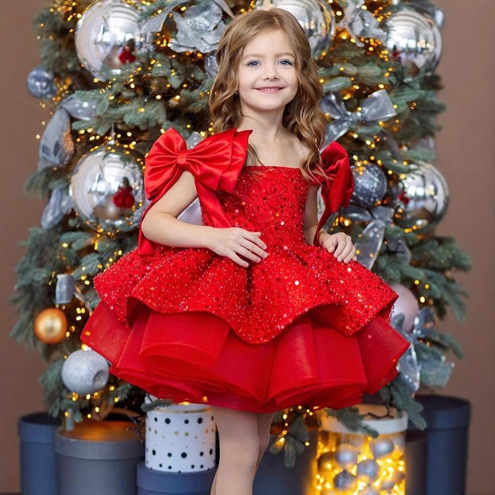 크리스마스 어린이 원피스 2025 새로운 빨간 어린이 스팽글 푹신한 원사 소녀 원피스 공주 원피스 국경을 넘어