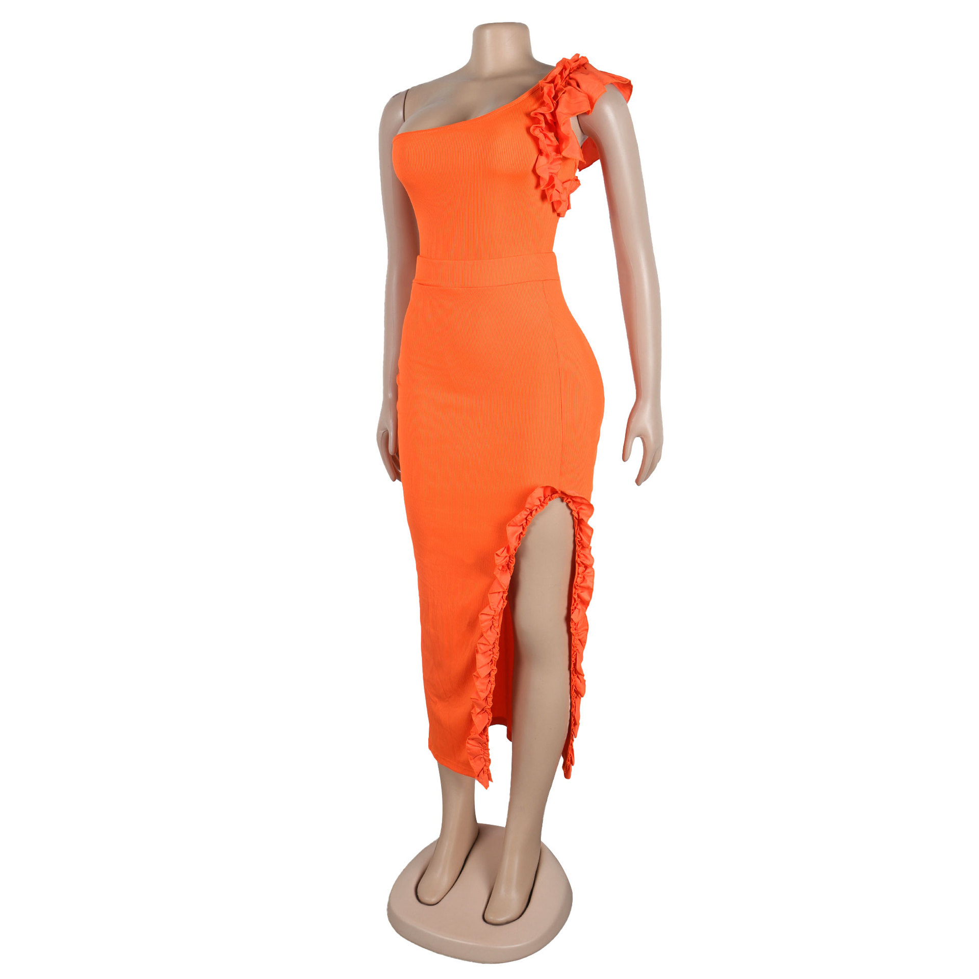 362g Weight Sleeveless Sleeve Length Polyester Fabric Type Skirt Co-ord Set Sets Type 2 Pieces Set Quantity Holiday Occasion One Shoulder Neckline Slim Fit Type Solid Color Pattern Summer Season Women's Gender Frill Design Elegant Style Holiday Women's Elegant Solid Color Polyester Frill Skirt Co-ord Set Skirt Sets 60