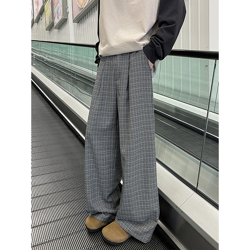 Old Money Style Brown Plaid Pants Men's American Retro Lazy Style Scimitar Trousers Drapey Straight Wide-Leg Pants
