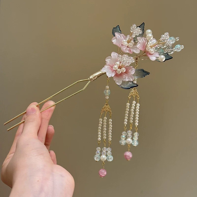 恰逢江南~新中式簪花绢花发钗流苏发簪子古典头饰汉服旗袍头饰女|undefined